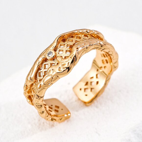 Wide Silver & Gold Abstract Ring S925 - Picture 1 of 5